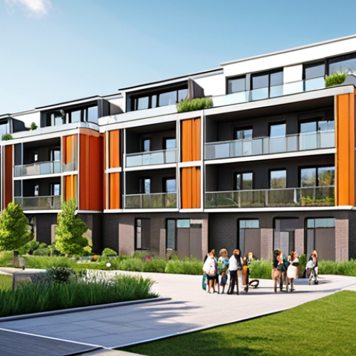 **Image Prompt:** A modern multi-family building in a vibrant urban setting, surrounded by green spaces and with excellent public transportation access. The building should showcase smart home technology features, with visible balconies and terraces. The overall impression is attractive to young professionals and families.