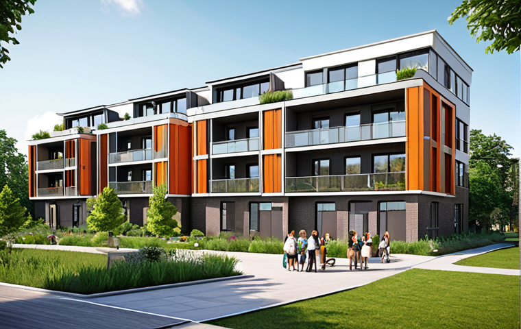 **Image Prompt:** A modern multi-family building in a vibrant urban setting, surrounded by green spaces and with excellent public transportation access. The building should showcase smart home technology features, with visible balconies and terraces. The overall impression is attractive to young professionals and families.